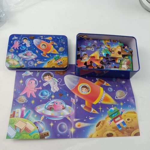 Children educational toys wooden puzzle with tin box packed